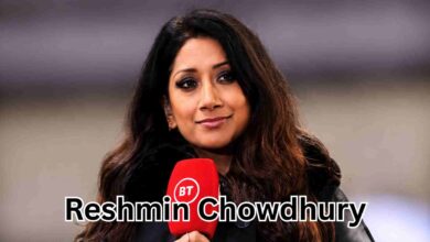 Reshmin Chowdhury holding a microphone while presenting live football coverage pitchside at a European stadium.