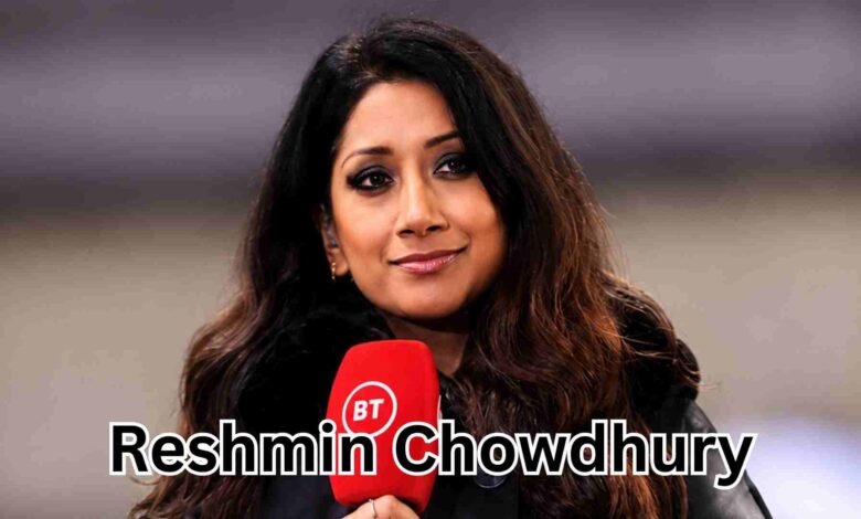 Reshmin Chowdhury holding a microphone while presenting live football coverage pitchside at a European stadium.