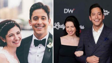 Alissa Mahler standing next to her husband Michael Knowles at a red carpet event and in her wedding dress.