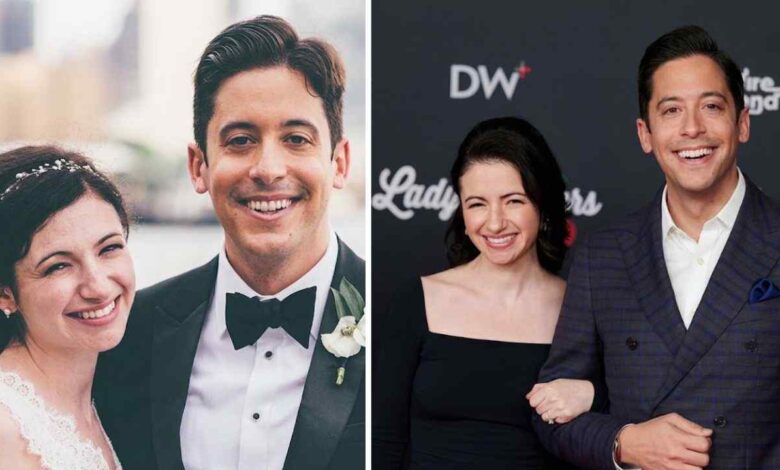 Alissa Mahler standing next to her husband Michael Knowles at a red carpet event and in her wedding dress.
