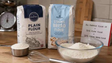All purpose flour UK equivalent blend using 50% plain flour and 50% Morrisons strong bread flour in a glass bowl.