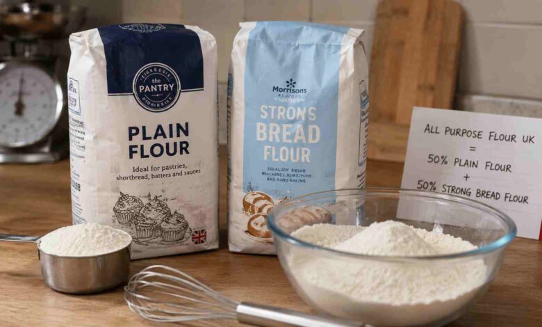 All purpose flour UK equivalent blend using 50% plain flour and 50% Morrisons strong bread flour in a glass bowl.