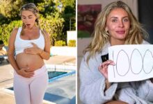 A split image showing adult creator Bonnie Blue holding her pregnant belly by a pool on the left, and holding a hand-drawn sign reading '1000!' while wearing a robe on the right.