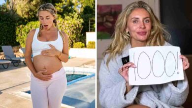 A split image showing adult creator Bonnie Blue holding her pregnant belly by a pool on the left, and holding a hand-drawn sign reading '1000!' while wearing a robe on the right.