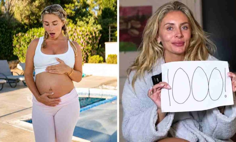 A split image showing adult creator Bonnie Blue holding her pregnant belly by a pool on the left, and holding a hand-drawn sign reading '1000!' while wearing a robe on the right.