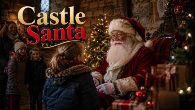 A family smiling at a Castle Santa sitting in a historic stone room beautifully decorated for Christmas.