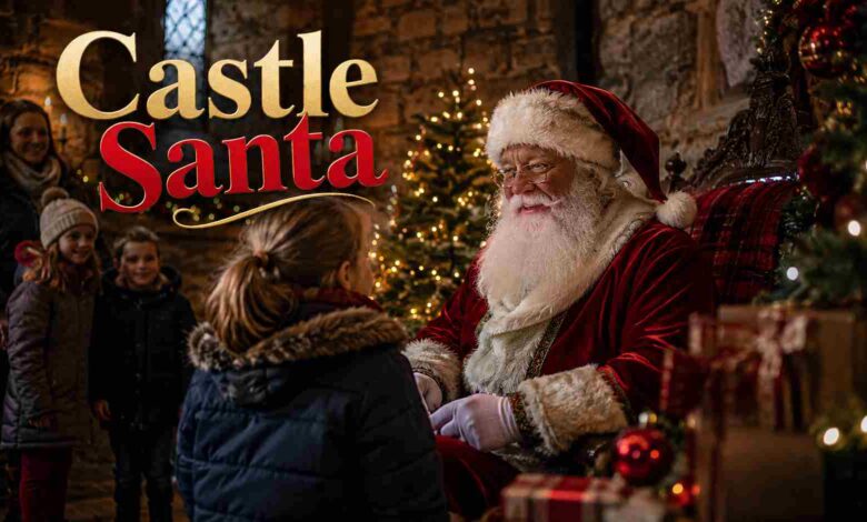 A family smiling at a Castle Santa sitting in a historic stone room beautifully decorated for Christmas.