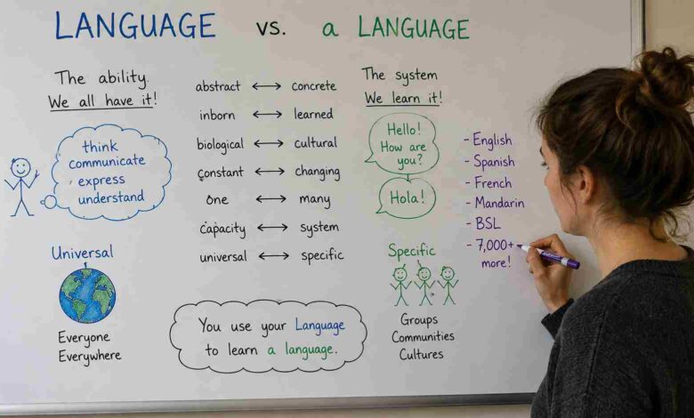 A teacher explaining the difference between language and a language on a whiteboard, comparing abstract human capacity with specific communication systems.