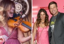 Erin Slaver playing the violin and attending a red carpet event with her husband Chris Carmack.