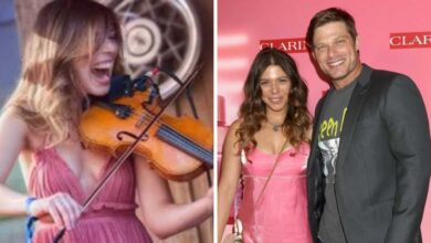 Erin Slaver playing the violin and attending a red carpet event with her husband Chris Carmack.