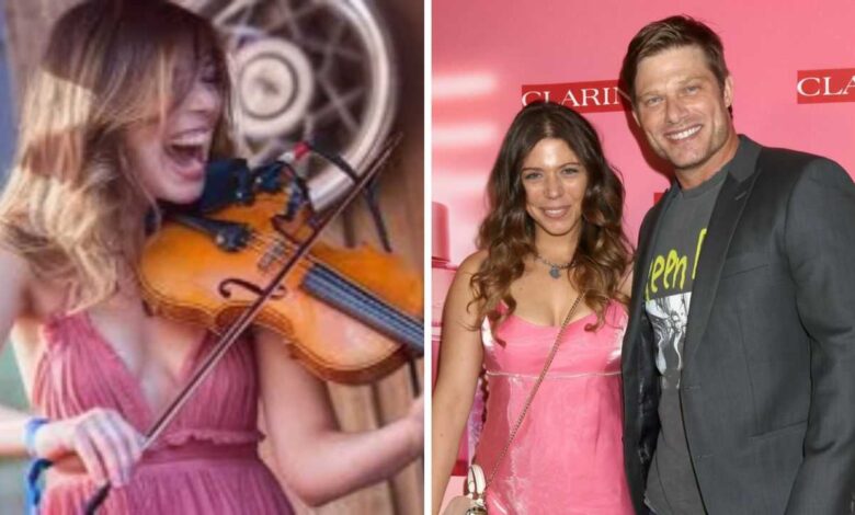 Erin Slaver playing the violin and attending a red carpet event with her husband Chris Carmack.