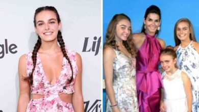 Finley Faith Sehorn wearing a pink dress on the red carpet, shown next to a family portrait with her mother Angie Harmon and younger sisters.