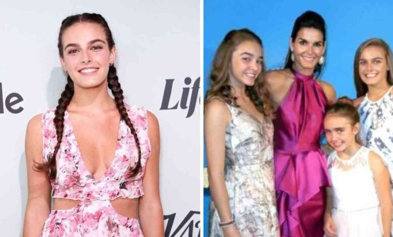 Finley Faith Sehorn wearing a pink dress on the red carpet, shown next to a family portrait with her mother Angie Harmon and younger sisters.