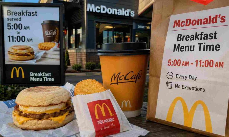 A McDonald's McMuffin, hash brown, and coffee displayed next to a sign showing the exact mcd breakfast menu time.
