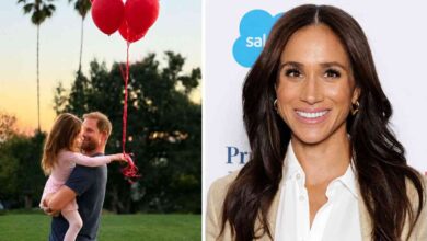 Meghan Markle with dark hair next to Prince Harry holding Princess Lilibet showing her red hair