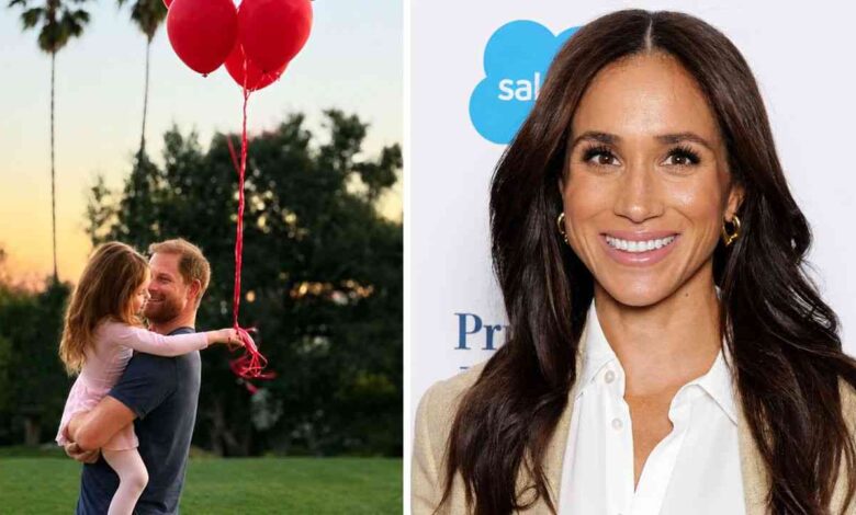 Meghan Markle with dark hair next to Prince Harry holding Princess Lilibet showing her red hair
