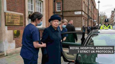 Distinguished older woman, resembling Queen Elizabeth II, in a navy coat and hat, is assisted out of a car by two masked nurses at the private entrance of King Edward VII's Hospital in London. A British police officer is in the background.