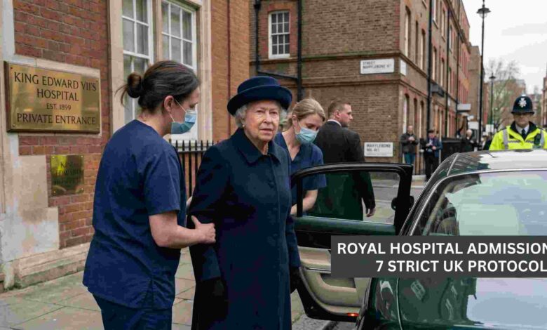 Distinguished older woman, resembling Queen Elizabeth II, in a navy coat and hat, is assisted out of a car by two masked nurses at the private entrance of King Edward VII's Hospital in London. A British police officer is in the background.