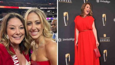 A collage showing Randi Martin at a football stadium with Brittany Mahomes and posing alone in a red cape dress at the NFL Honors event.