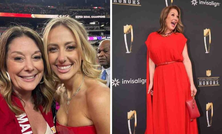 A collage showing Randi Martin at a football stadium with Brittany Mahomes and posing alone in a red cape dress at the NFL Honors event.