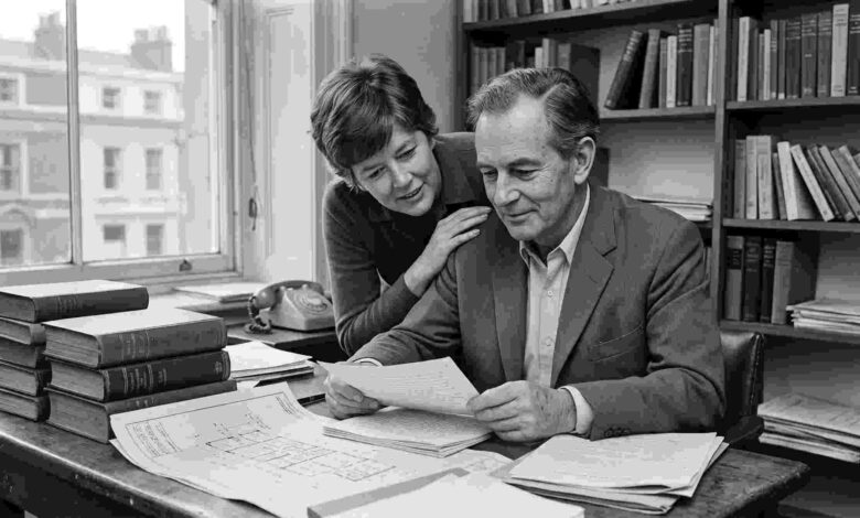 A vintage-style photograph of author Rayne Kruger sitting at a wooden desk reading a manuscript, with architectural blueprints spread out, as a younger Dame Prue Leith leans over his shoulder smiling.