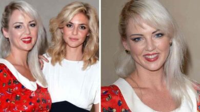 Sophia Egerton and her sister Tamsin Egerton smiling at a London red carpet event.