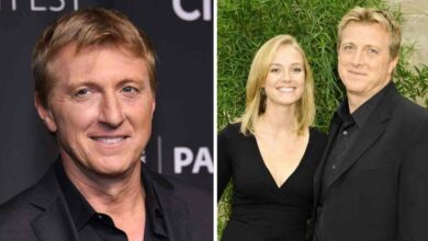Stacie Zabka smiling on a red carpet with her husband William Zabka at The Karate Kid premiere.