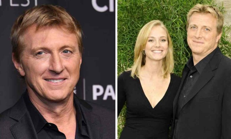 Stacie Zabka smiling on a red carpet with her husband William Zabka at The Karate Kid premiere.