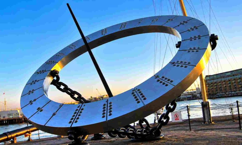 A large steel equinoctial sundial suspended in mid-air by heavy black chains. This is the Grade II listed Timepiece sculpture created by Wendy Taylor, located at St Katharine Docks in London against a clear sky.