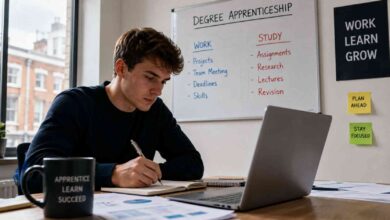 A young UK professional balancing work and study on his laptop and notepad, illustrating what's doing a degree apprenticeship like in reality.
