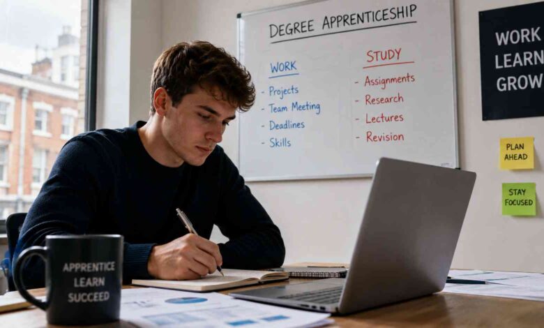 A young UK professional balancing work and study on his laptop and notepad, illustrating what's doing a degree apprenticeship like in reality.