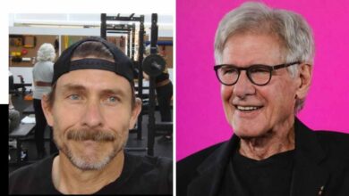 Harrison Ford on the left alongside his son Willard Ford, who is posing inside his Strong Sports Gym.