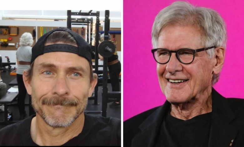 Harrison Ford on the left alongside his son Willard Ford, who is posing inside his Strong Sports Gym.