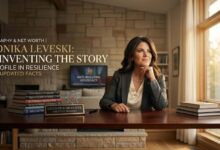 Monika Leveski sitting at an executive office desk with books and an anti-bullying advocacy screen in the background.