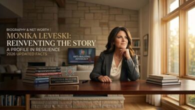 Monika Leveski sitting at an executive office desk with books and an anti-bullying advocacy screen in the background.