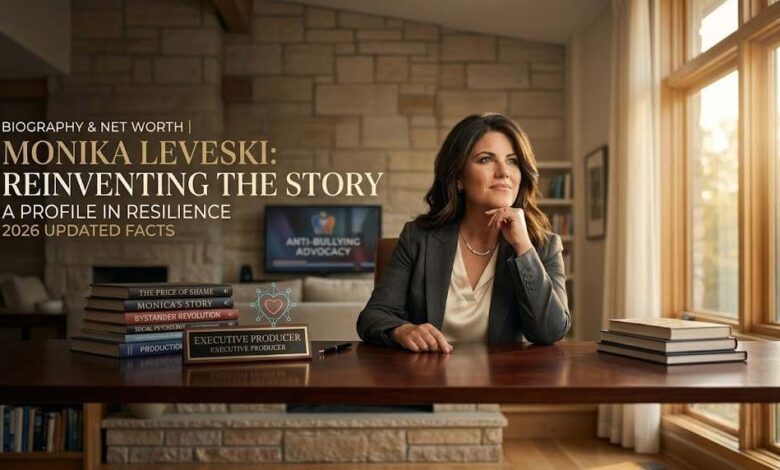 Monika Leveski sitting at an executive office desk with books and an anti-bullying advocacy screen in the background.