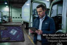 A logistics manager checking a rugged tablet with a Tracqueur system interface standing next to commercial white trucks in a warehouse.