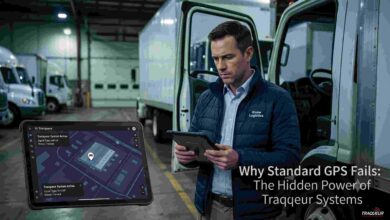 A logistics manager checking a rugged tablet with a Tracqueur system interface standing next to commercial white trucks in a warehouse.