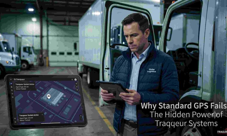 A logistics manager checking a rugged tablet with a Tracqueur system interface standing next to commercial white trucks in a warehouse.