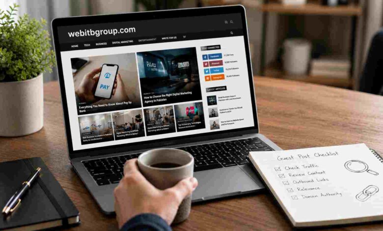 SEO professional evaluating webitbgroup com metrics with a guest post checklist.